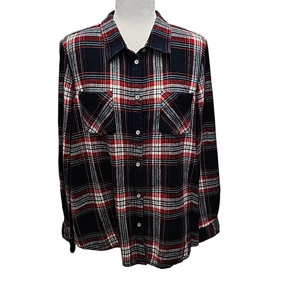 Natural Reflections Women's Button Front Flannel Shirt Navy Green Red Size XL
